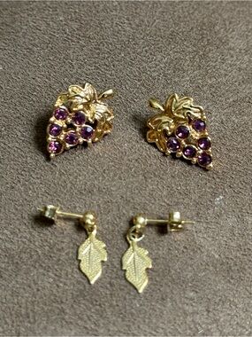 Gold Grape Cluster Earrings with Purple Crystal Accents and Gold Leaf Earrings